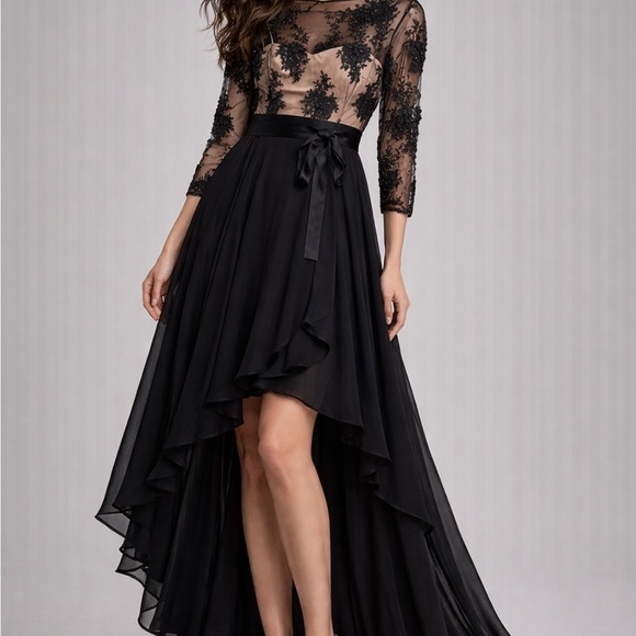 Black High-Low Lace Appliqué long sleeve Evening Dress - Picture 3 of 10